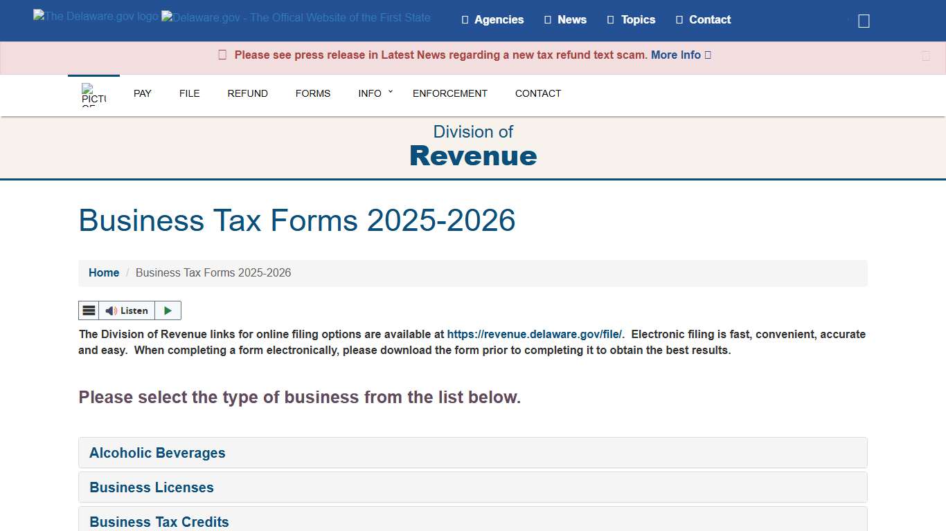Business Tax Forms 2025-2026 - Division of Revenue - State of Delaware